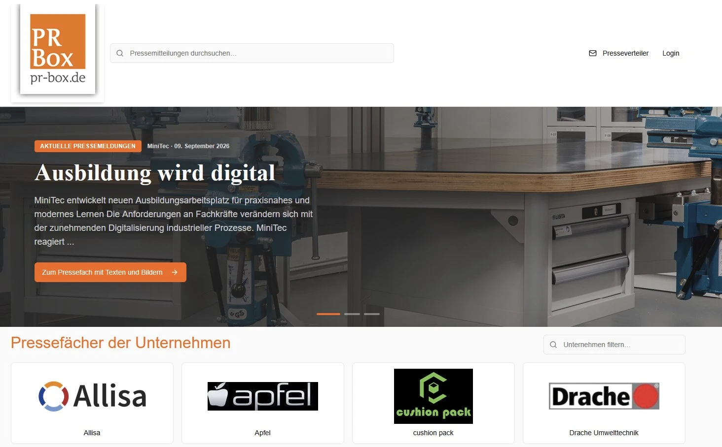 Startseite der PR-Box mit Pressefächern und aktueller Pressemeldung