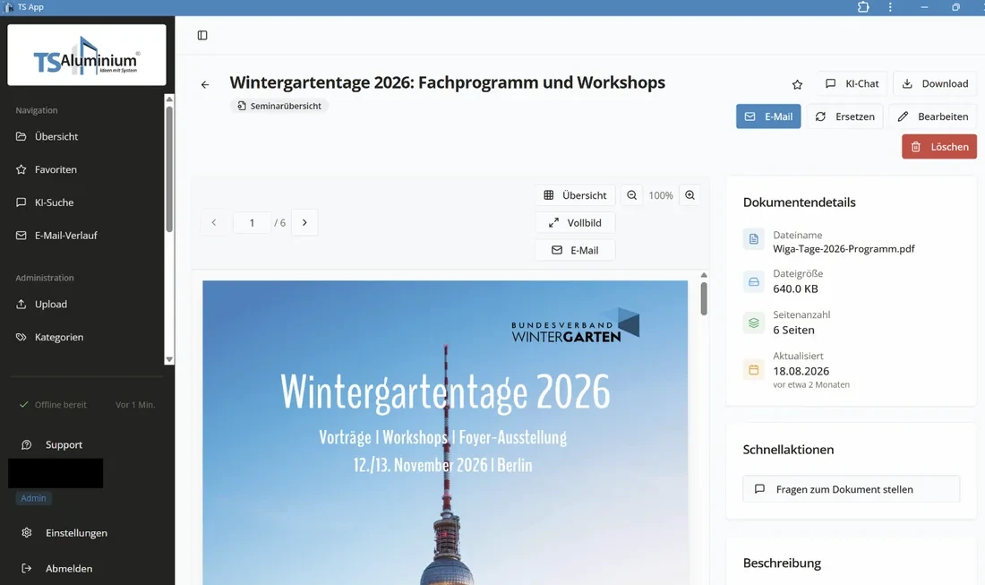 Dokumentenansicht mit Detailinformationen in der TS-Aluminium-App