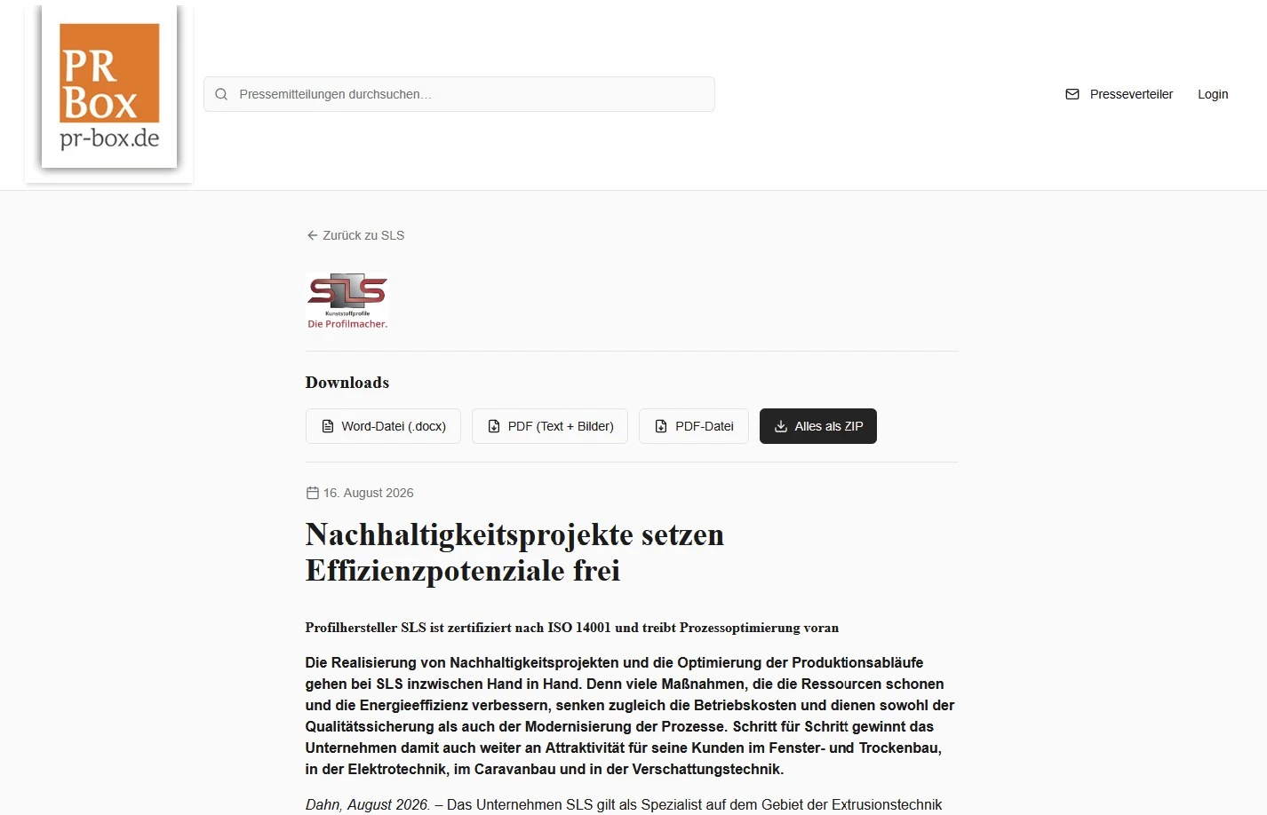 Detailansicht einer Pressemeldung in der PR-Box mit erzeugten Download-Dateien