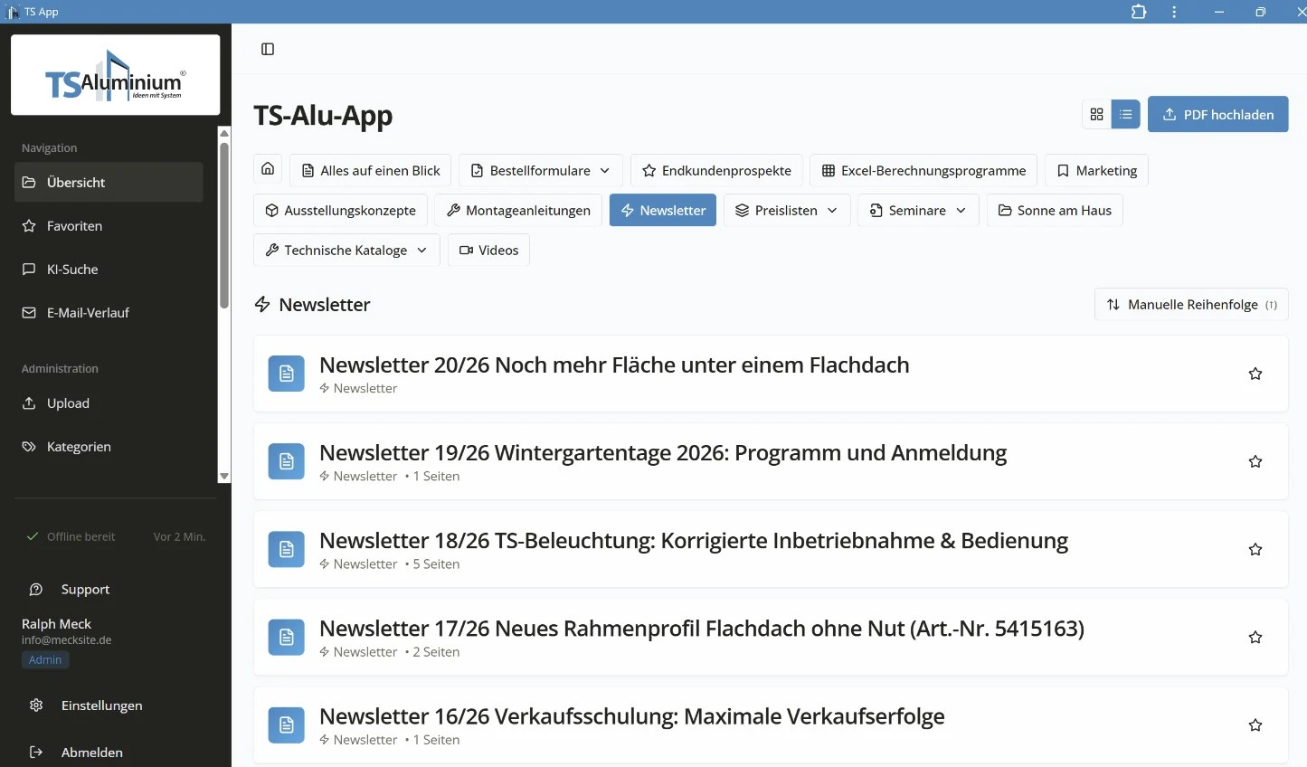 Newsletter- und Dokumentenübersicht der TS-Alu-App